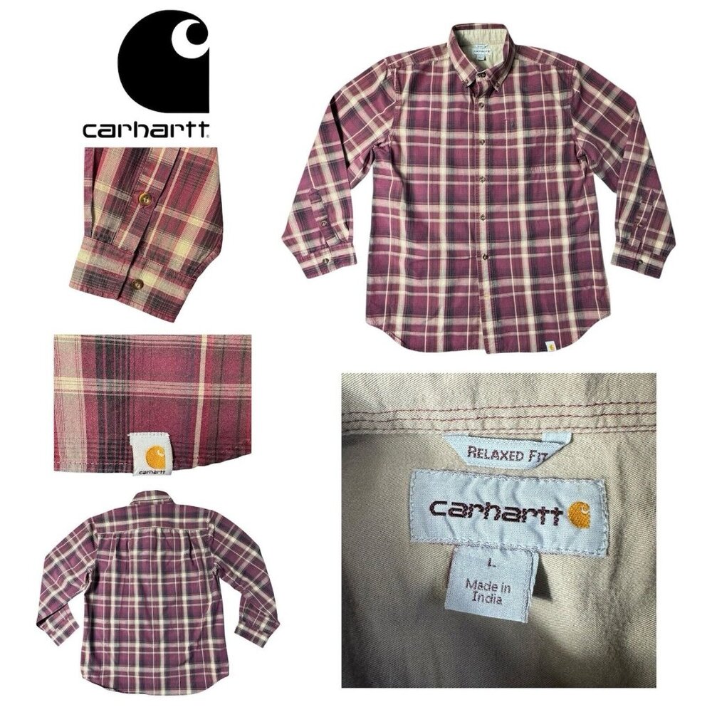 Carhartt Mens Large Red Brown Plaid Bellvue Cotton L/S Button Down Relaxed Fit
